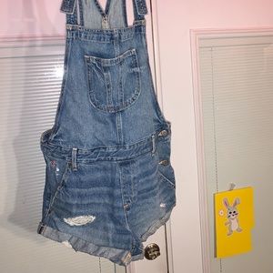 Distressed Denim Short Overalls